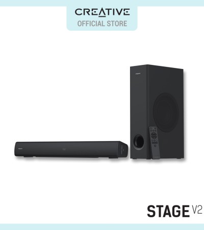 Creative Stage V2 - 2.1 Soundbar with Subwoofer, Clear Dialog and Surround by Sound Blaster, Bluetooth 5.0, TV ARC, Optical, and USB Audio, Wall Mountable, Adjustable Bass and Treble, for TV